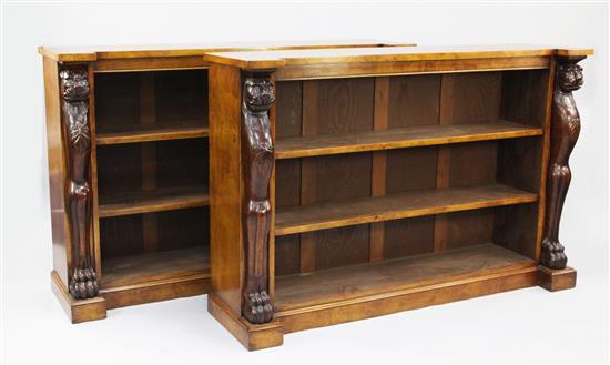 A pair of pollard oak inverted breakfront open bookcases, W.4ft 8in.